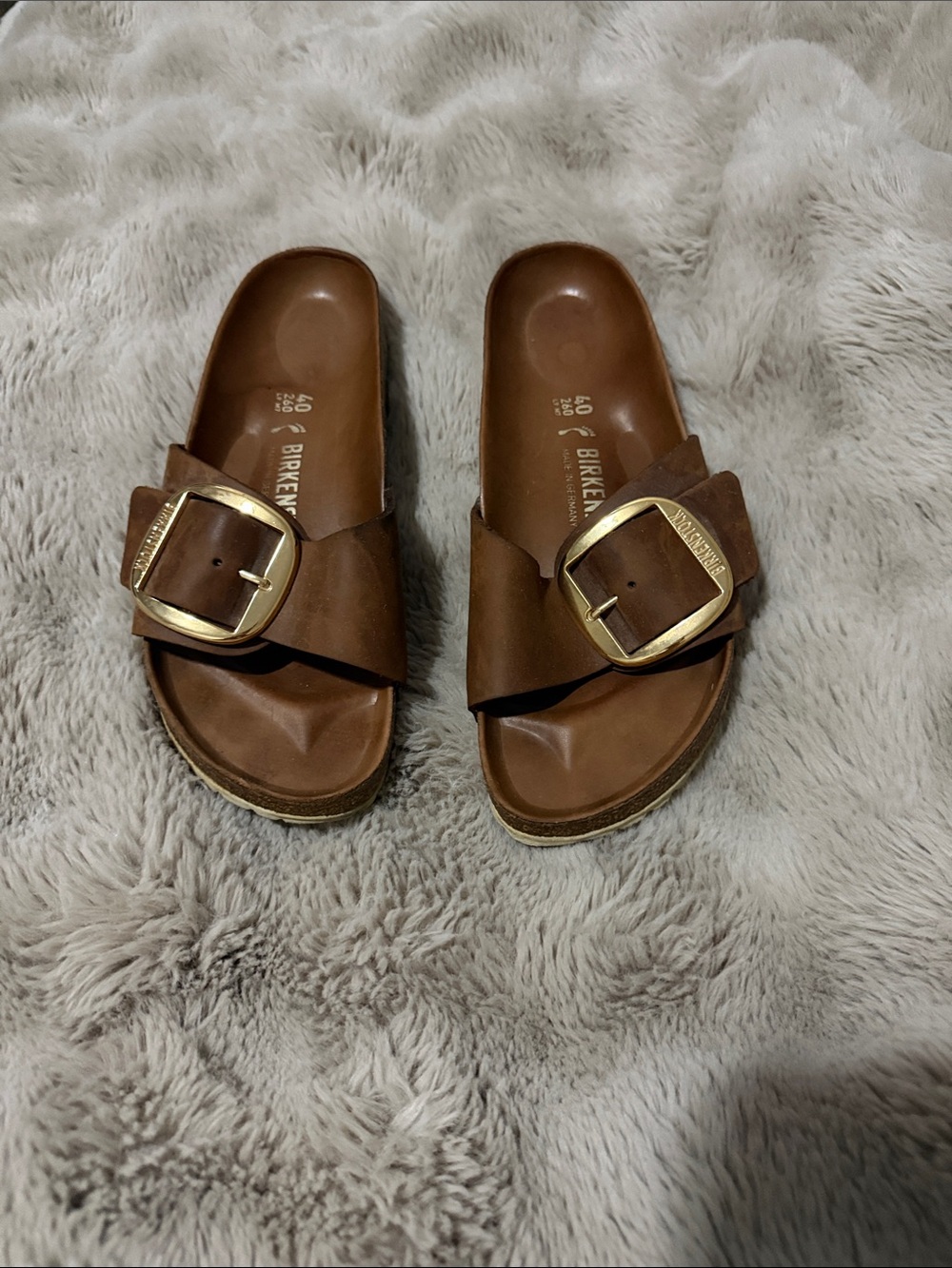 Birkenstock Madrid Single Buckle Slides in Brown with Gold Buckles
